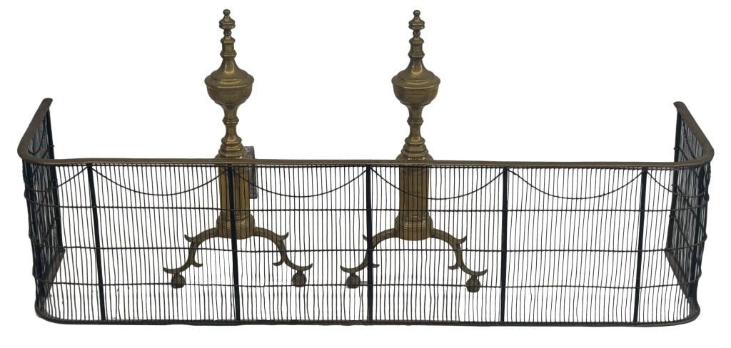 18THC. STEEPLE TOP ANDIRONS & WIRE & SPARK GUARD ANDIRONS 24" FENDER 54 1/2" (1 of 6)