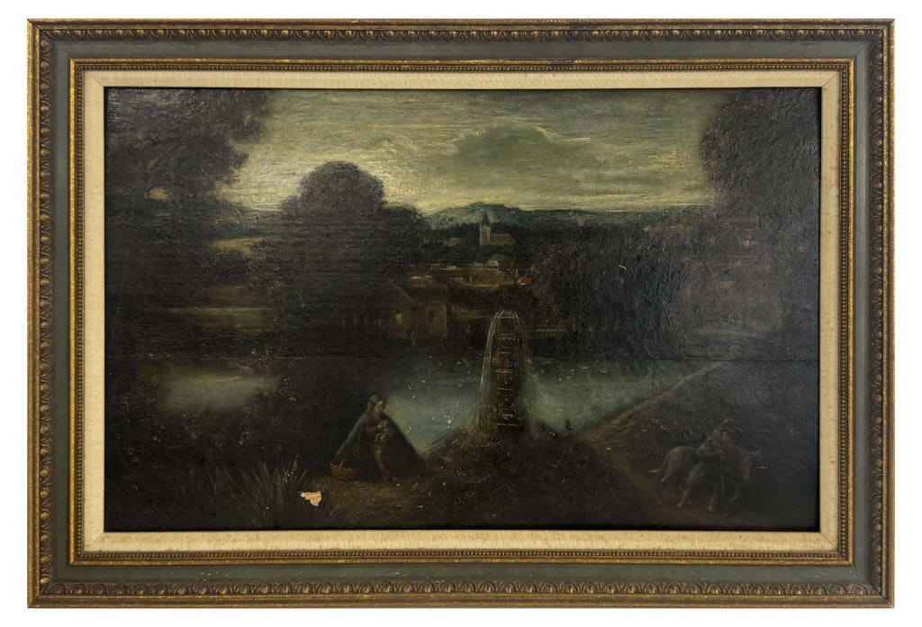 OIL / PANEL CONTINENTAL OLD MASTER RIVER LANDSCAPE WITH FOUNTAIN 15 1/4" X 24 1/2" EX. GEORGI (1 of 5)