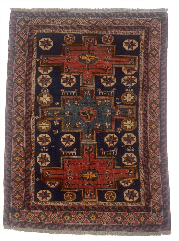 C. 1910 CAUCASIAN CARPET W/ BLUE GREEN CENTER MEDALLION 3' X 4" (1 of 5)