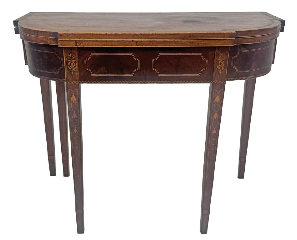 NY HEPPLEWHITE CARD TABLE W/ BELLFLOWER, LINE & CUFF & FLOWER INLAYS, IN OLD SURFACE C. 1805 28 3/4" (1 of 10)