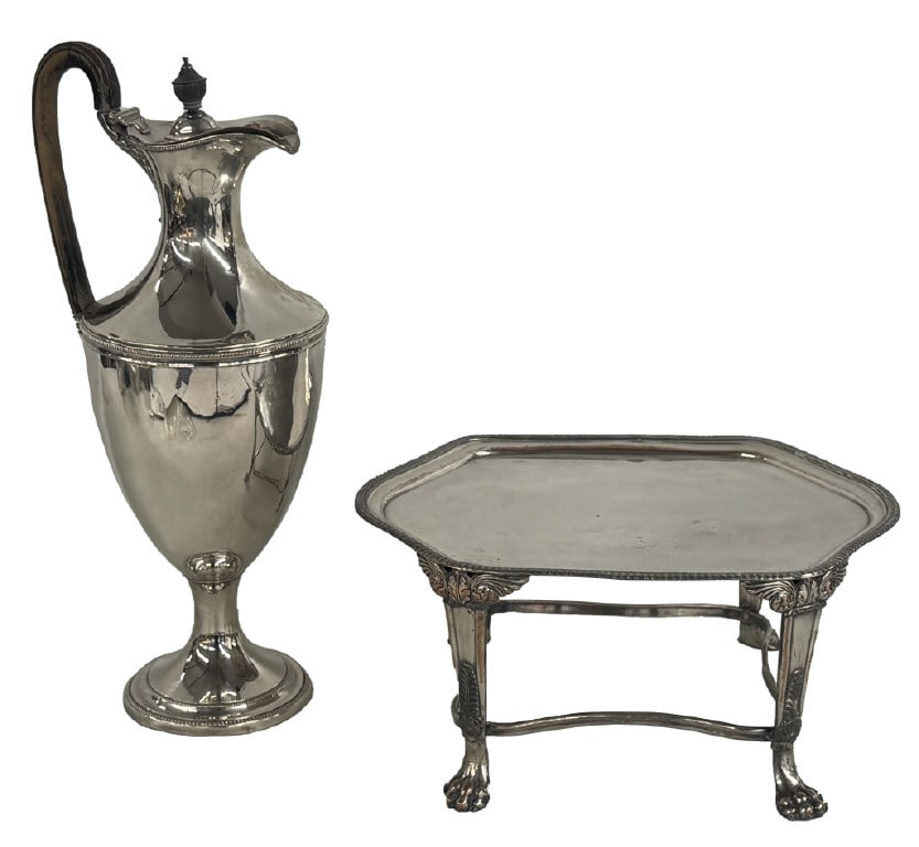 NEO CLASSICAL SHEFFIELD CLARET JUG & PLATEAU WITH PAW FEET (JUG 16" TALL PLATEAU 6" X 13" ) (1 of 8)