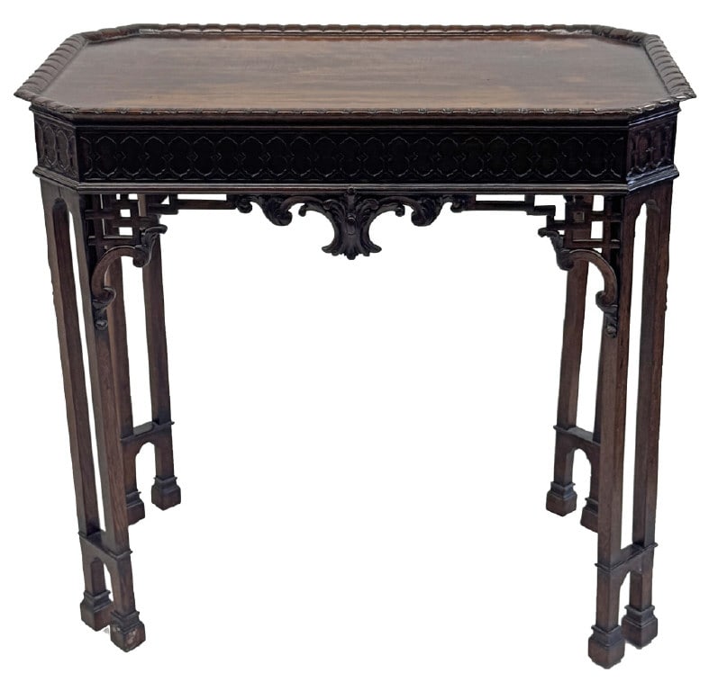 GEO III SILVER TABLE W/ FRETWORK RESTORATIONS AT THE APRON 29" X 30 1/2 " X 12 1/2" (1 of 9)