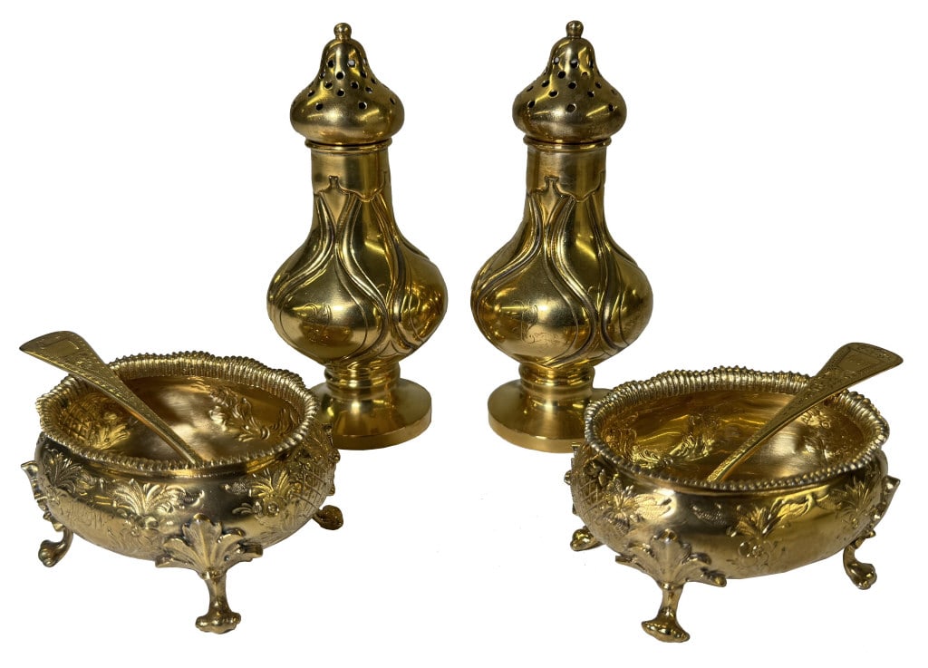GOLD PLATED GORHAM STERLING SILVER PEPPER POTS & OPEN SALTS (1 of 8)