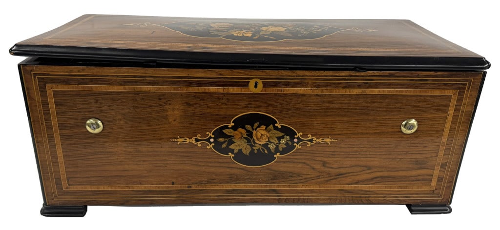 SWISS 10 TUNE INLAID MUSIC BOX W/ SONG SHEET 10 1/2" X 25" X 11 1/4" (1 of 8)