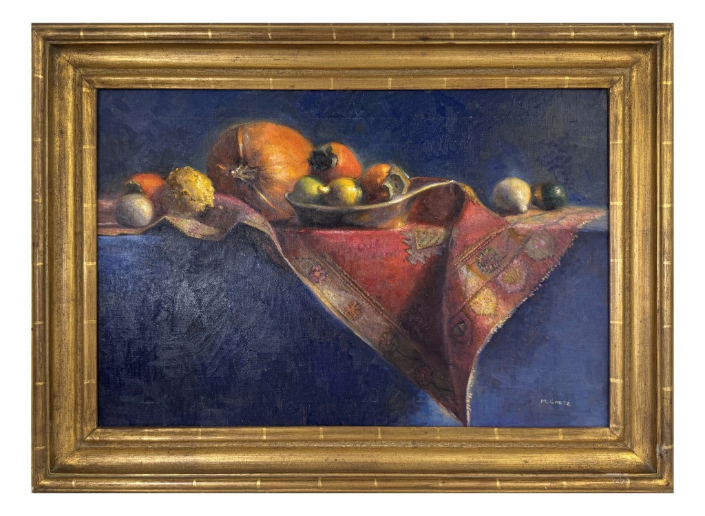 OIL / CANVAS STILL LIFE, MARY ANNA GOETZ "AUTUMN GORDS & PUMPKIN" 15" X 27": OIL / CANVAS STILL LIFE, MARY ANNA GOETZ "AUTUMN GORDS & PUMPKIN" 15" X 27"