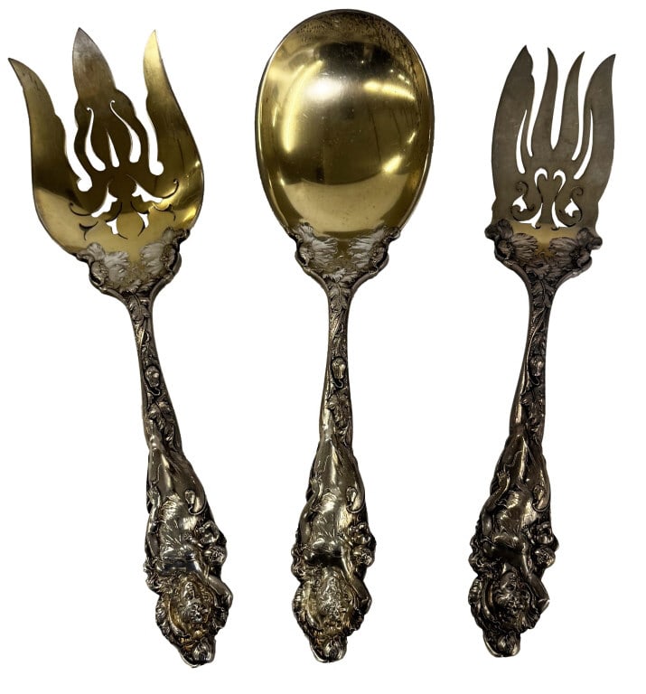 STERLING SILVER "LOVE DISARMED" BY REED & BARTON SALAD SET & COLD MEAT FORK (3 PCS) 11" LONG APPROX.: STERLING SILVER "LOVE DISARMED" BY REED & BARTON SALAD SET & COLD MEAT FORK (3 PCS) 11" LONG APPROX. 21.3 TROY