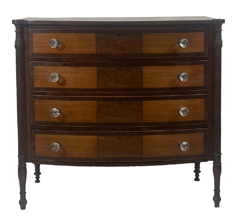 SHERATON BOW FRONT 4 DRAWER CHEST WITH SATINWOOD PANELS 40" X 41" X 22" (1 of 6)
