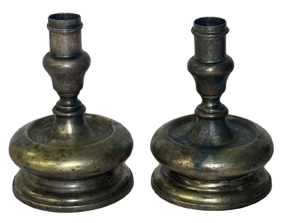 PR OF LATE 17TH/ EARLY 18THC CAPSTAN CANDLESTICKS 5 3/4" X 4" (1 of 3)