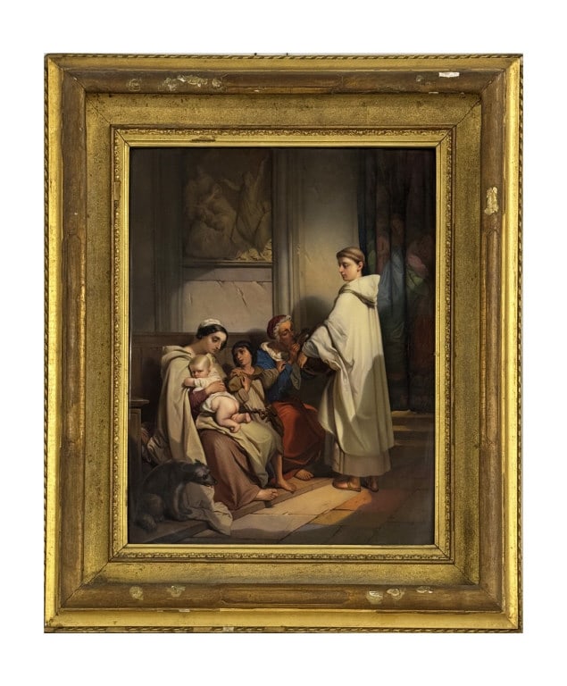 LARGE KPM PLAQUE "A MONK FEEDING THE POOR" 19 3/4" X 16": LARGE KPM PLAQUE "A MONK FEEDING THE POOR" 19 3/4" X 16"
