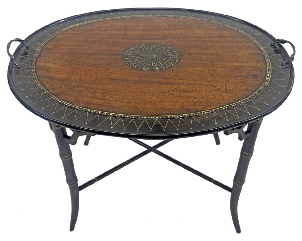 BRASS INLAID MAHOGANY TRAY TABLE W/ EBONIZED BANDING 19 1/2" X 25 3/4" X 21 1/2" (1 of 5)