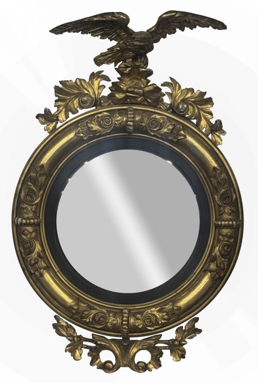 C. 1815 EAGLE CRESTED CONVEX MIRROR IN ORIGINAL GILDING 35" X 23" OVERALL (1 of 3)