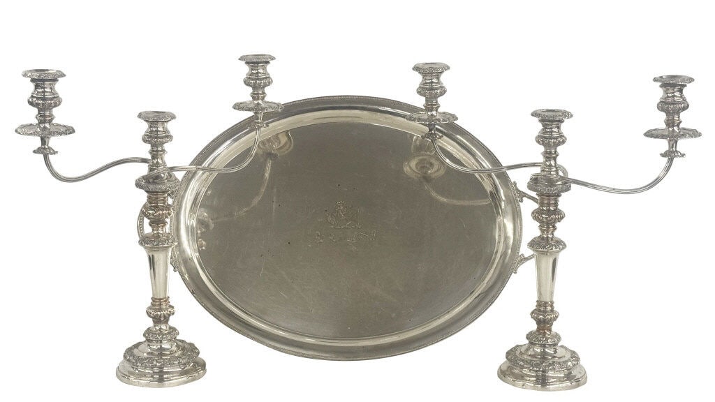 OLD SHEFFIELD 18THC. ARMORIAL TRAY & THREE LIGHT CANDELABRAS C. 1830 TRAY 27" X 17 1/2" CANDELABRAS (1 of 10)