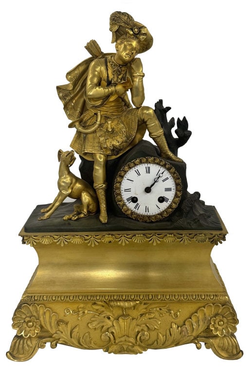 FIRE GILDED BRONZE FRENCH EMPIRE FIGURAL CLOCK WITH SCOTTISH HUNTER C. 1820 15" TALL X 12" W X 6 (1 of 6)