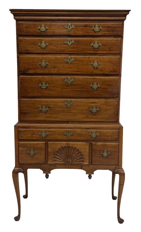 18THC. NEW ENGLAND QUEEN ANNE HIGHBOY W/ FAN CARVING & ORIGINAL BRASS 74 1/4" X 38 1/4" X 19" (1 of 6)