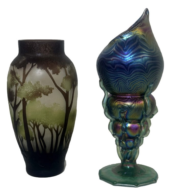 LOETZ GLASS SEA SHELL VASE & CAMEO VASE, UNSIGNED TALLEST 9 3/4" (1 of 9)