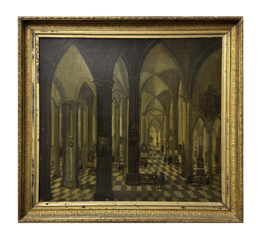 OIL / CANVAS DUTCH GOLDEN AGE CATHERDAL INTERIOR 26" X 29 1/4": OIL / CANVAS DUTCH GOLDEN AGE CATHERDAL INTERIOR 26" X 29 1/4"