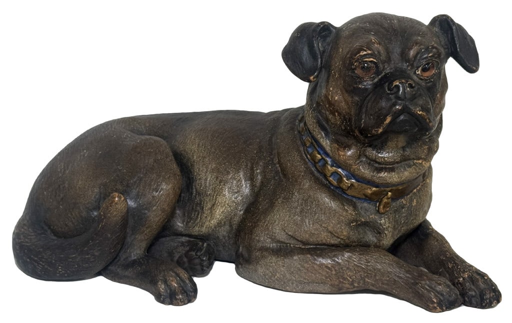 AUSTRIAN COLD PAINTED RECUMBANT TERRA COTTA PUG 6 3/4" X 12" (1 of 4)
