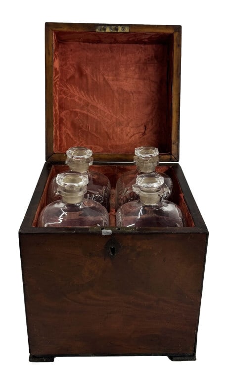 BOTTLE BOX WITH EARLY GLASS DECANTER BOTTLES LATE18TH / EARLY 19THC. BOTTLES 8 3/4" T BOX 10 1/4" X (1 of 10)