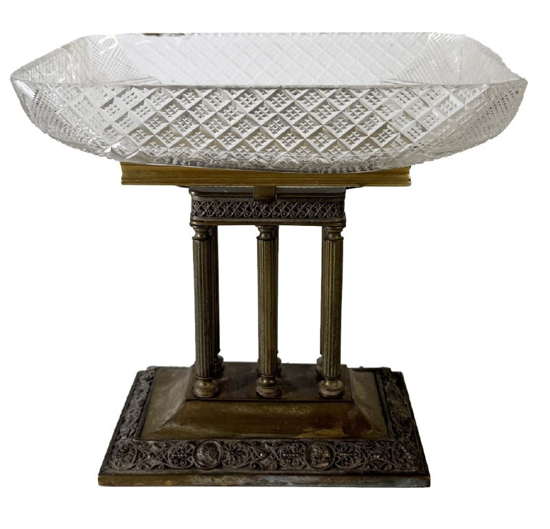 CRYSTAL & BRONZE SERVING DISH W/ COLUMNAR BASE 9 1/2" X 7 3/4" X 9 3/4" (1 of 5)