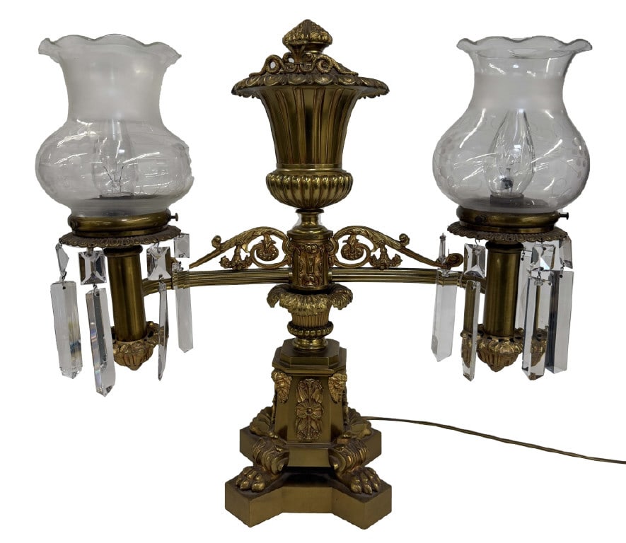 ELECTRIFIED BRONZE DOUBLE BRANCH ARGAND LAMP 21" TALL (1 of 6)