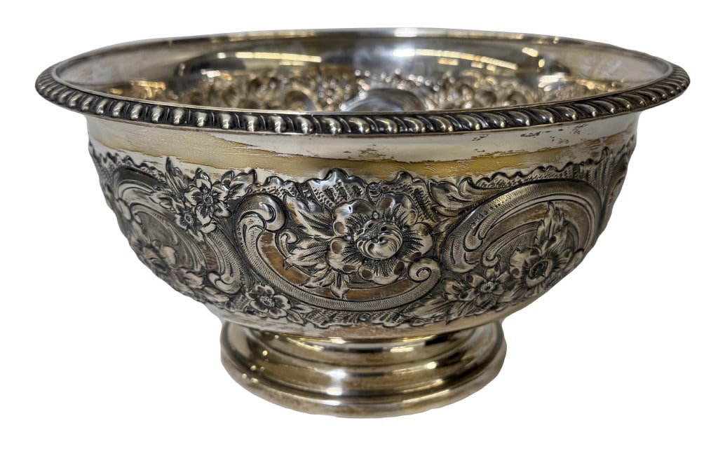 HAND CHASED REED & BARTON STERLING SILV. COMPOTE 9 1/2" DIAM X 4 3/4" TALL APPROX. 22.1 TROY OZ (1 of 4)