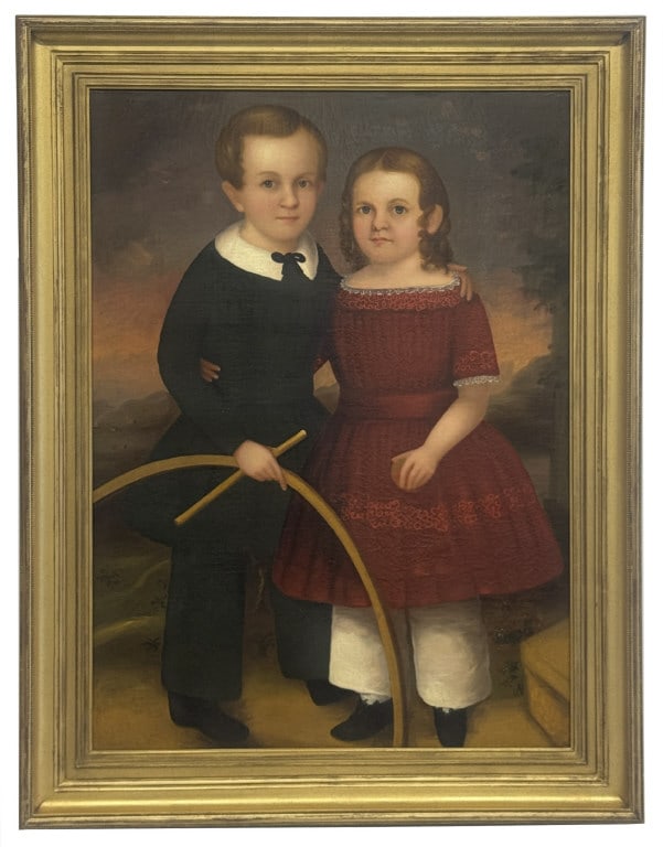 AMERICAN SCHOOL PORTRAIT OF TWO CHILDREN W/ HOOP PROP, PROV. MUSEUM OF FINE ART, BOSTON 38" X 28": AMERICAN SCHOOL PORTRAIT OF TWO CHILDREN W/ HOOP PROP, PROV. MUSEUM OF FINE ART, BOSTON 38" X 28"