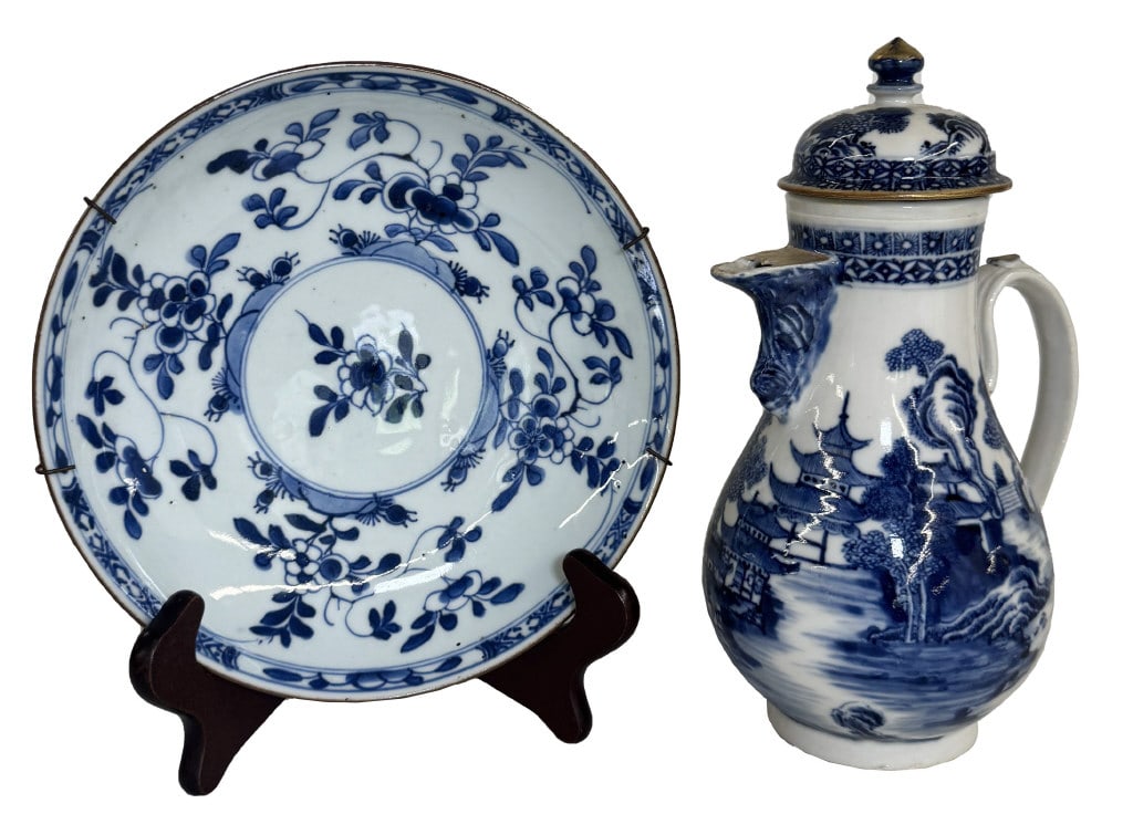 NANKING CHOCOLATE POT & CHINESE EXPORT BLUE & WHITE PLATE BATAVIA WARE POT 10" TALL PLATE 8 1/2" (1 of 6)
