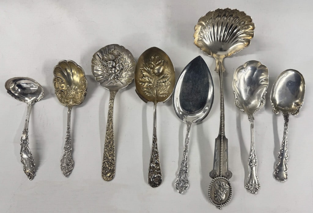 8 PCS FANCY SERVING SILVER INC. COIN SILV. LADLE, KIRK BERRY SPOON, GORHAM, ETC. APPROX. 24.3 TROY (1 of 9)