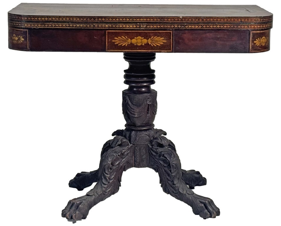 STENCIL DECORATED NY CARD TABLE W/ CLASSICALLY CARVED BASE 29 1/2" X 36" X 18 5/8" CLOSED (1 of 6)