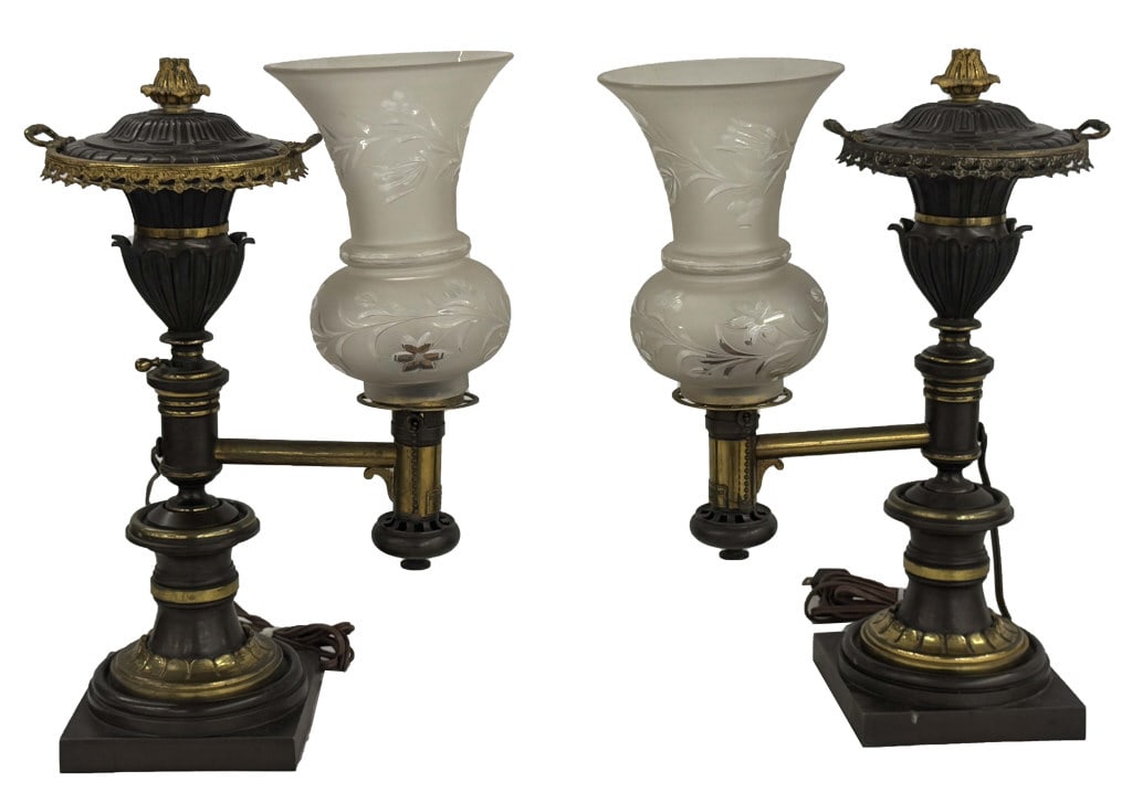 PR OF SINGLE BRANCH B. GARDINER, NY ARGAND LAMPS IN ORIGINAL PATINA 17" X 10" (1 of 6)