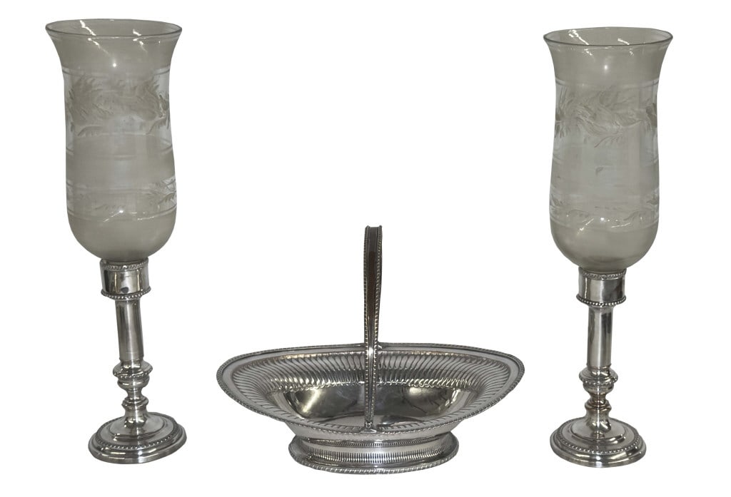 C. 1830 PERIOD SHEFFIELD SILV / COPPER CAKE BASKET & CANDLE STICKS W/ HURRICANE SHADES PROV. ZANE: C. 1830 PERIOD SHEFFIELD SILV / COPPER CAKE BASKET & CANDLE STICKS W/ HURRICANE SHADES PROV. ZANE STUDENROTH