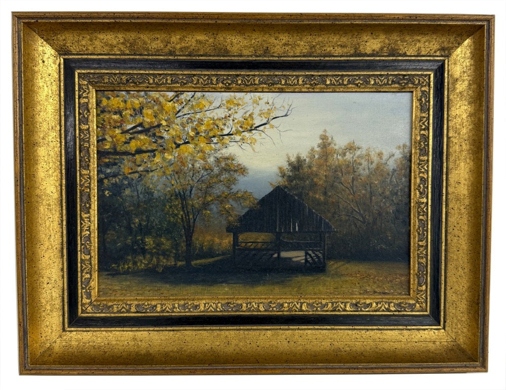 OIL/MASONITE JUDY BURDA,"GAZEBO" ADIRONDACK MUSEUM 7" X 10 1/2" (1 of 6)