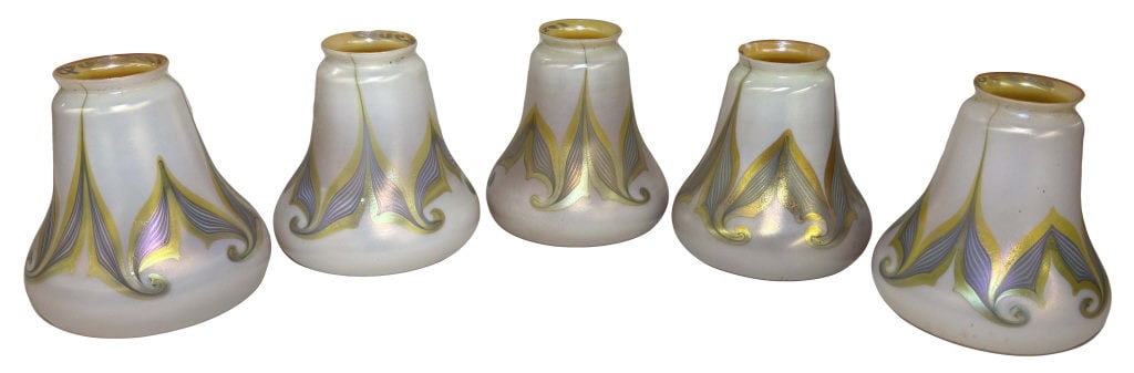 5 QUEZAL ART GLASS LAMP SHADES, WITH 2" FITTERS 5" X 5 1/4" (1 of 6)