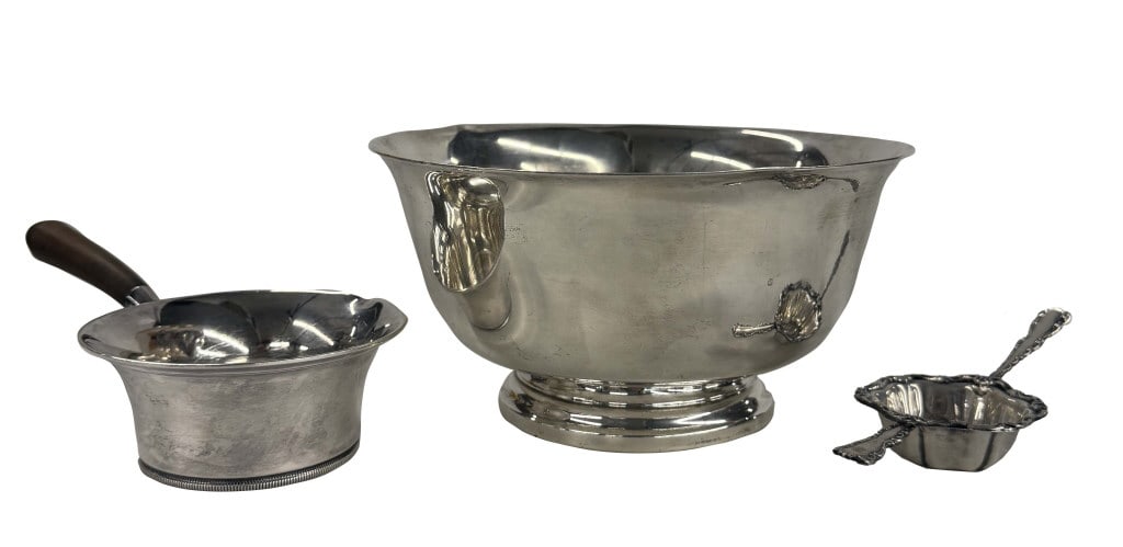 3 STERLING SILV TABLE ARTICLES, REVERE STYLE BOWL, DANISH BRANDY WARMER & TEA STRAINER APPROX. 21 (1 of 12)