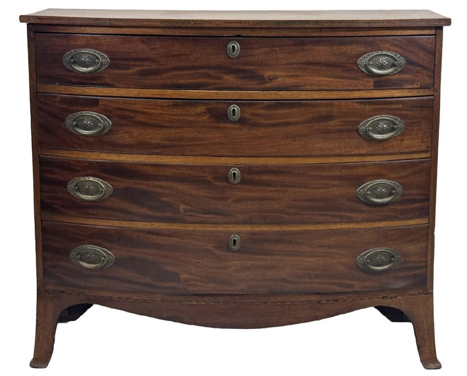FINE C.1805 BOWFRONT CHEST W/ FLARING FRENCH FEET 35 5/8" X 41 1/2" X 21" (1 of 7)