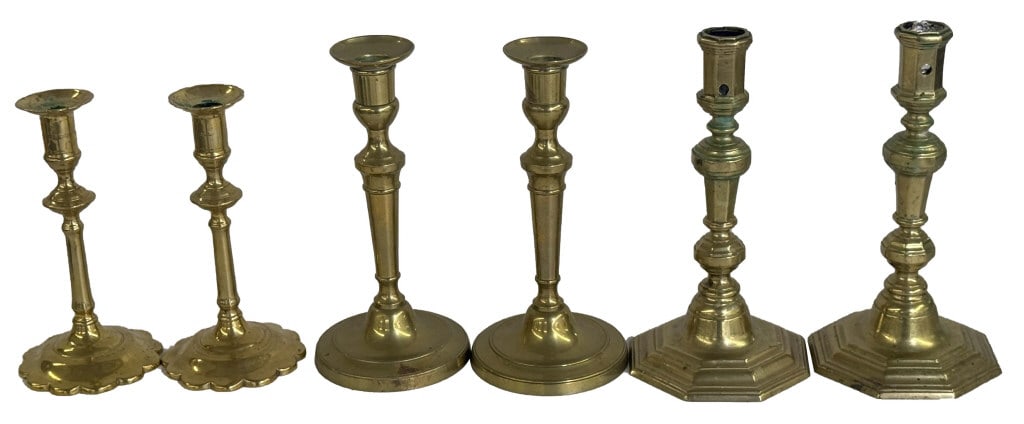 3 PR OF BRASS CANDLESTICKS INC. PETAL BASE, FRENCH 19TH AND 18THC. TALLEST 9 1/2" TALL (1 of 7)