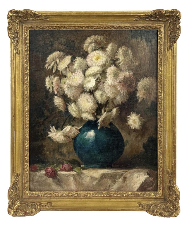 OIL / CANVAS ATTRIB TO JULIA MC ENTEE DILLON "FLOWERS IN A BLUE VASE" 18" X 14" (1 of 3)