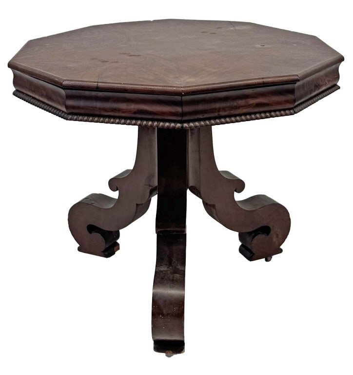 AMERICAN EMPIRE MAHOGANY CENTER TABLE W/ PIE SLICE TOP 29" X 33 1/8" X 35 3/8" (1 of 6)