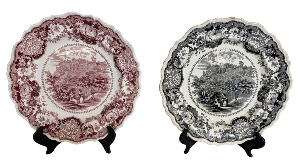 2 STAFFORDSHIRE CATSKILL MOUNTAIN HOUSE PLATES 1 BLACK & 1 PINK TRANSFER 10 1/2' DIAM EACH (1 of 7)