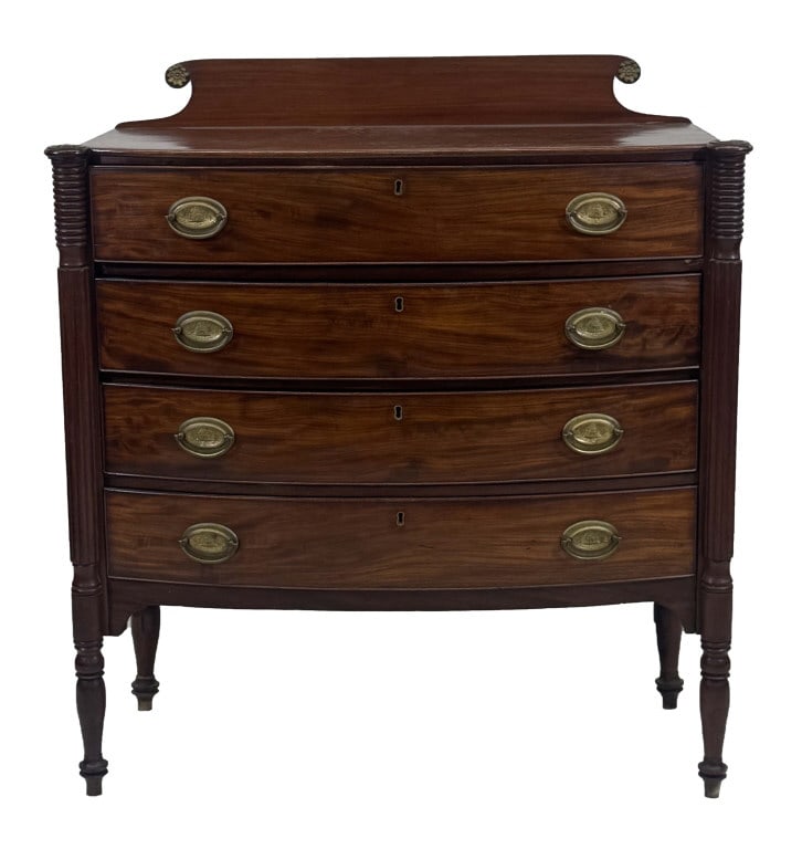 MAHOGANY SHERATON CHEST W/ REEDED COLUMNS & COOKIE CORNERS 43 1/4" X 39" X 19 1/2" (1 of 8)