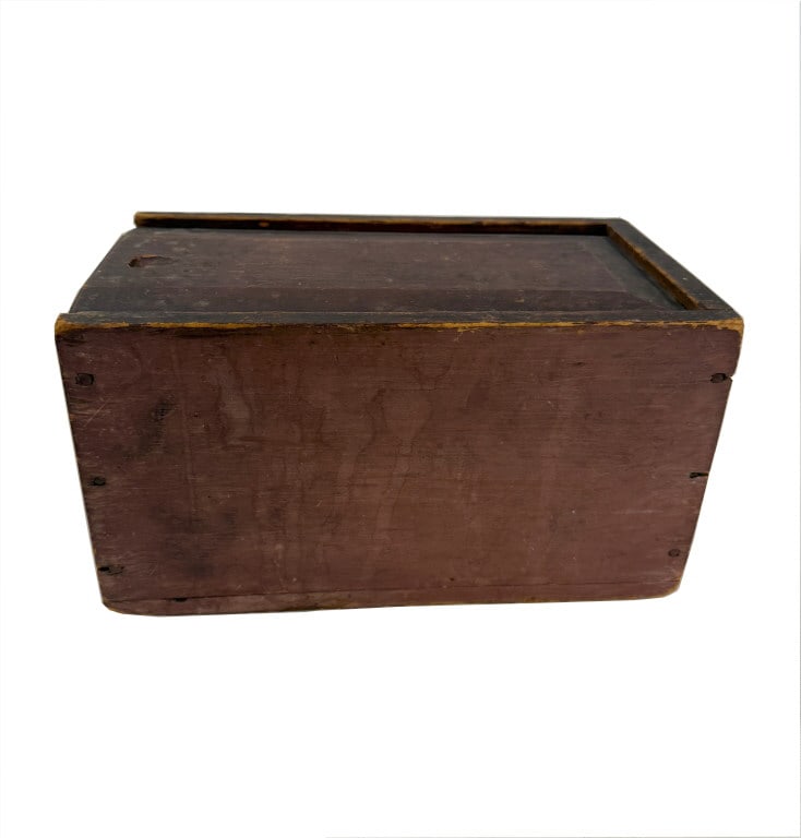19THC. SLIDING LID CANDLE BOX IN MULBERRY PAINT 5 1/2" X 10" X 5 3/4" (1 of 6)