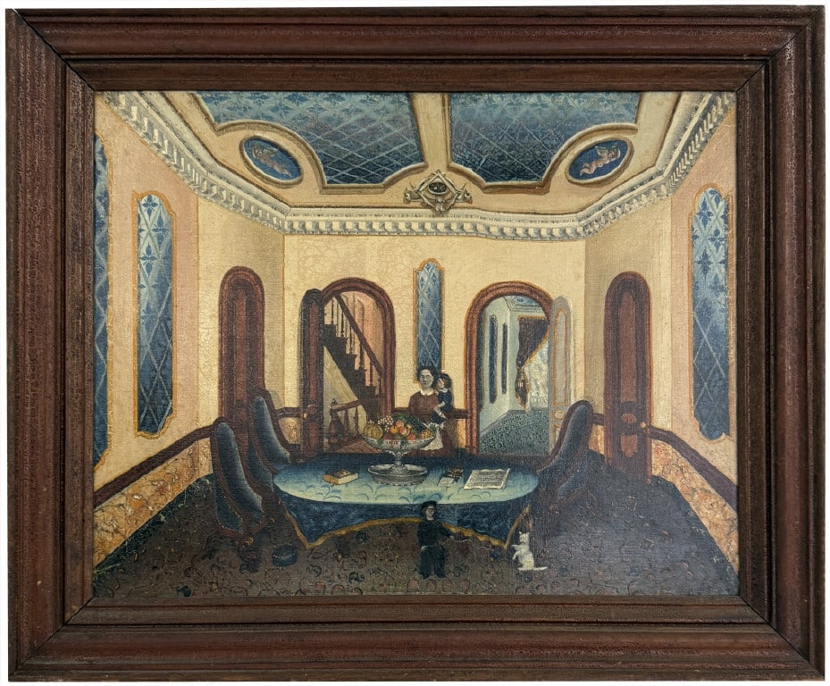 OIL/CANVAS AMERICAN SCHOOL INTERIOR, FAMILY & CAT LATE FEDERAL PARTIAL EXHIBITION LABEL ON FRAME 19" (1 of 10)
