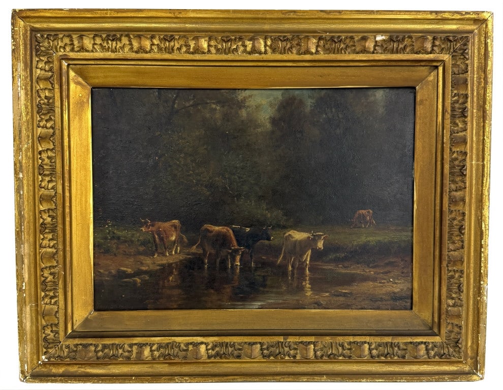 OIL / PANEL THOMAS B. CRAIG "COWS BY A STREAM" INSCRIBED IN VERSO "A MIDSUMMER MORNING" 1889 11 1/2" (1 of 5)