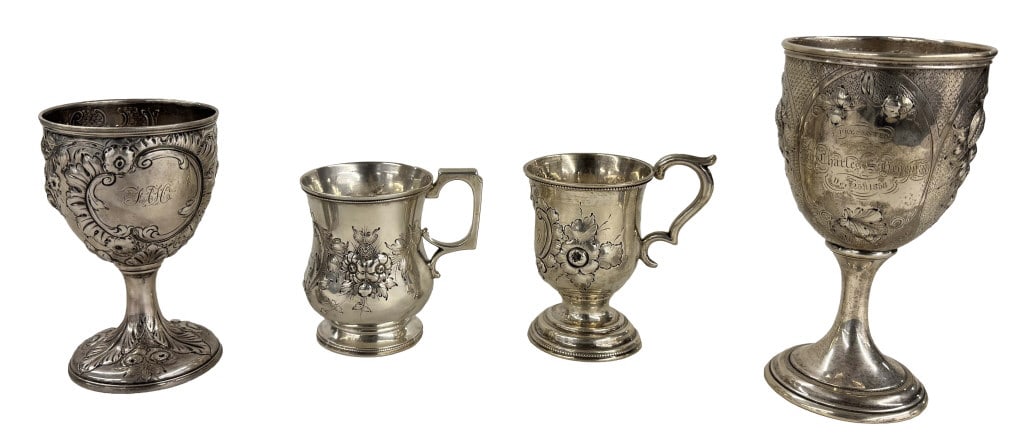 4 PCS MID 19THC.COIN SILVER INC. 1858 PRESENTATION GOBLET, 1868 CUP BOTH JOHN WESTERVELL & 2 OTHERS (1 of 6)