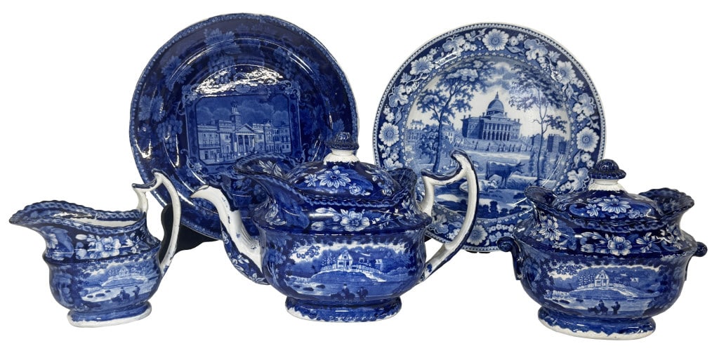5 PCS ENGLISH TRANSFERWARE INC. BOSTON STATE HOUSE PLATE, TEA SET & ST PHILIPS CHAPEL (1 of 7)