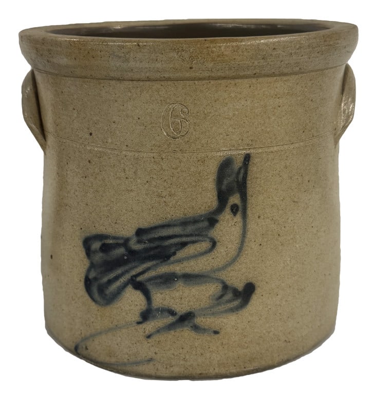 6 QT STONEWARE CROCK WITH COBALT BIRD DECORATION (1 of 3)