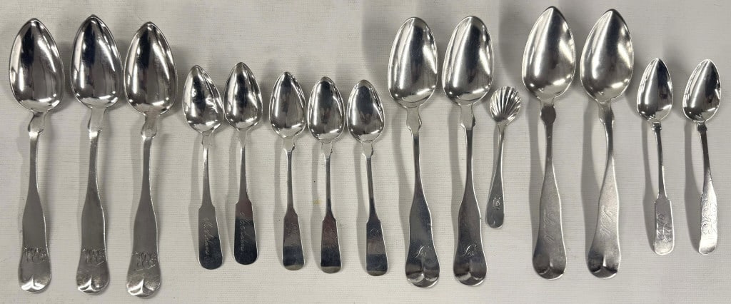 15 COIN SILVER SPOONS BY VARIOUS AMERICAN 19THC. SILVERSMITHS 8.8 TROY (1 of 2)