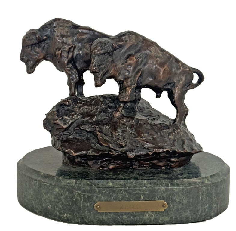 BISON BRONZE BY CHARLES RUSSELL, LIMITED EDITION 7" X 7 3/4" OVERALL (1 of 5)