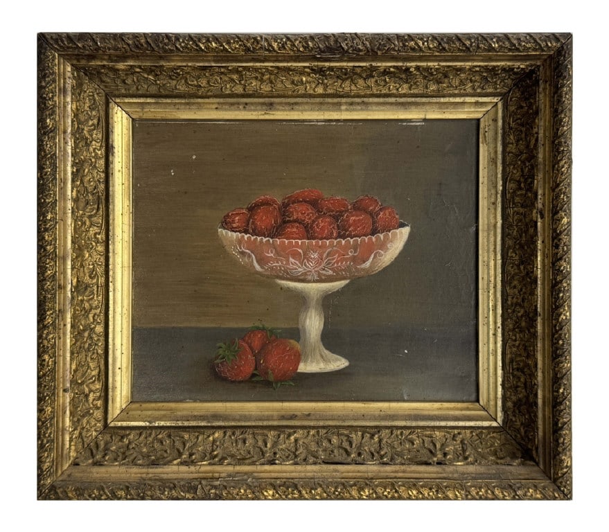 19THC. OIL / BOARD COMPOTE W/ STRAWBERRIES AMERICAN SCHOOL 8" X 10" (1 of 3)