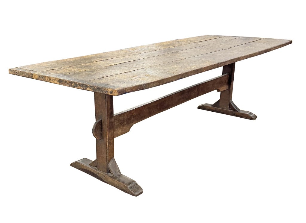 MAGNIFICANT 4 BOARD TOP TRESTLE TABLE W/ SHOE FEET & ORIGINAL SURFACE 31 3/4" X 105 1/4" X 37" (1 of 5)